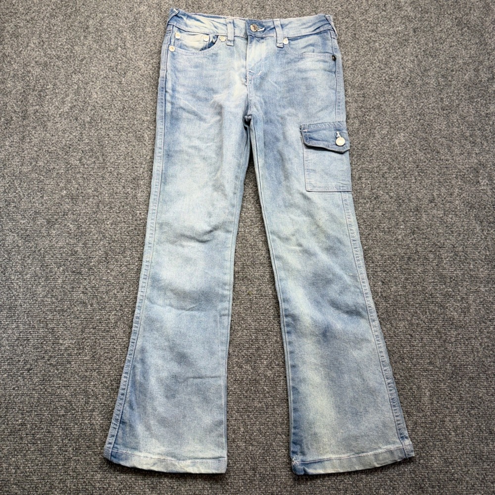 True Religion Kids Light Wash Flare Cargo Jeans Pink Stitch Size M 10/12
